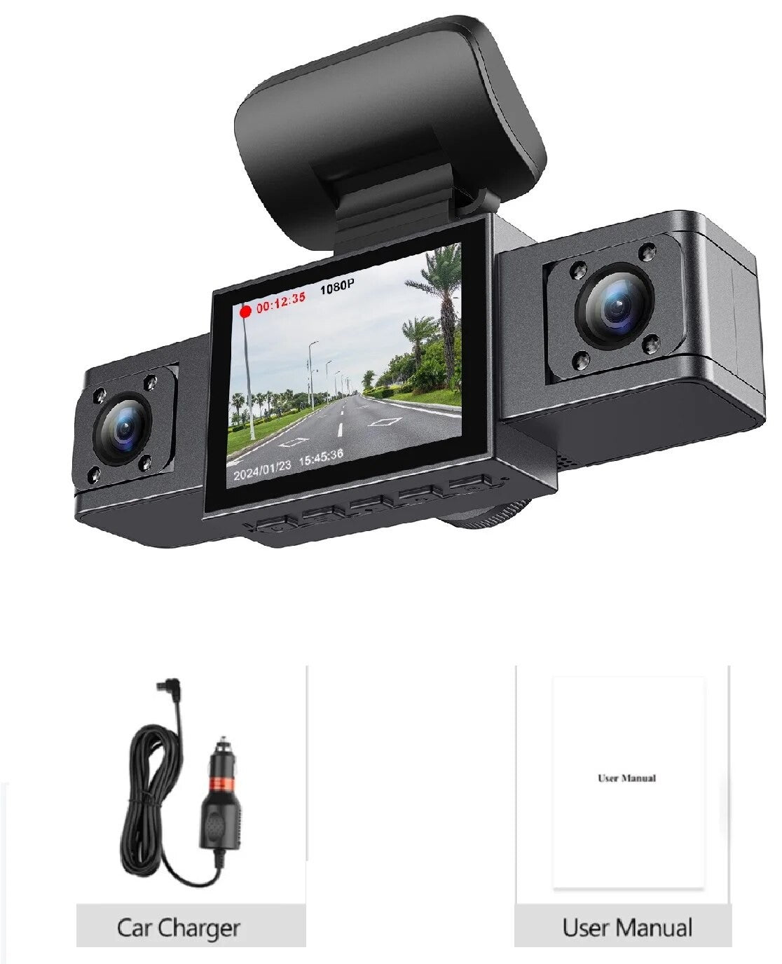 RoadVision 3X Cam – Dash Cam 3 Canais 1080P com Visão Noturna e Gravação Frontal + Interior | Gmaioxo