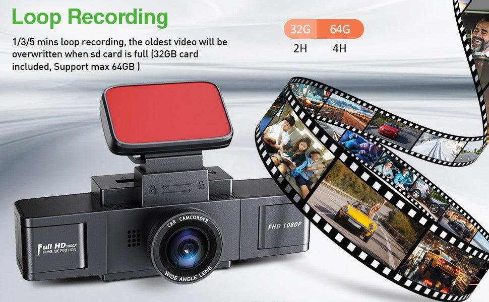 RoadVision 3X Cam – Dash Cam 3 Canais 1080P com Visão Noturna e Gravação Frontal + Interior | Gmaioxo