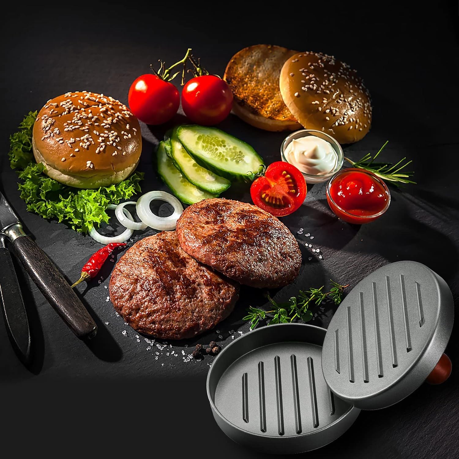 BurgerMold Inox – Molde de Hambúrguer com Papéis