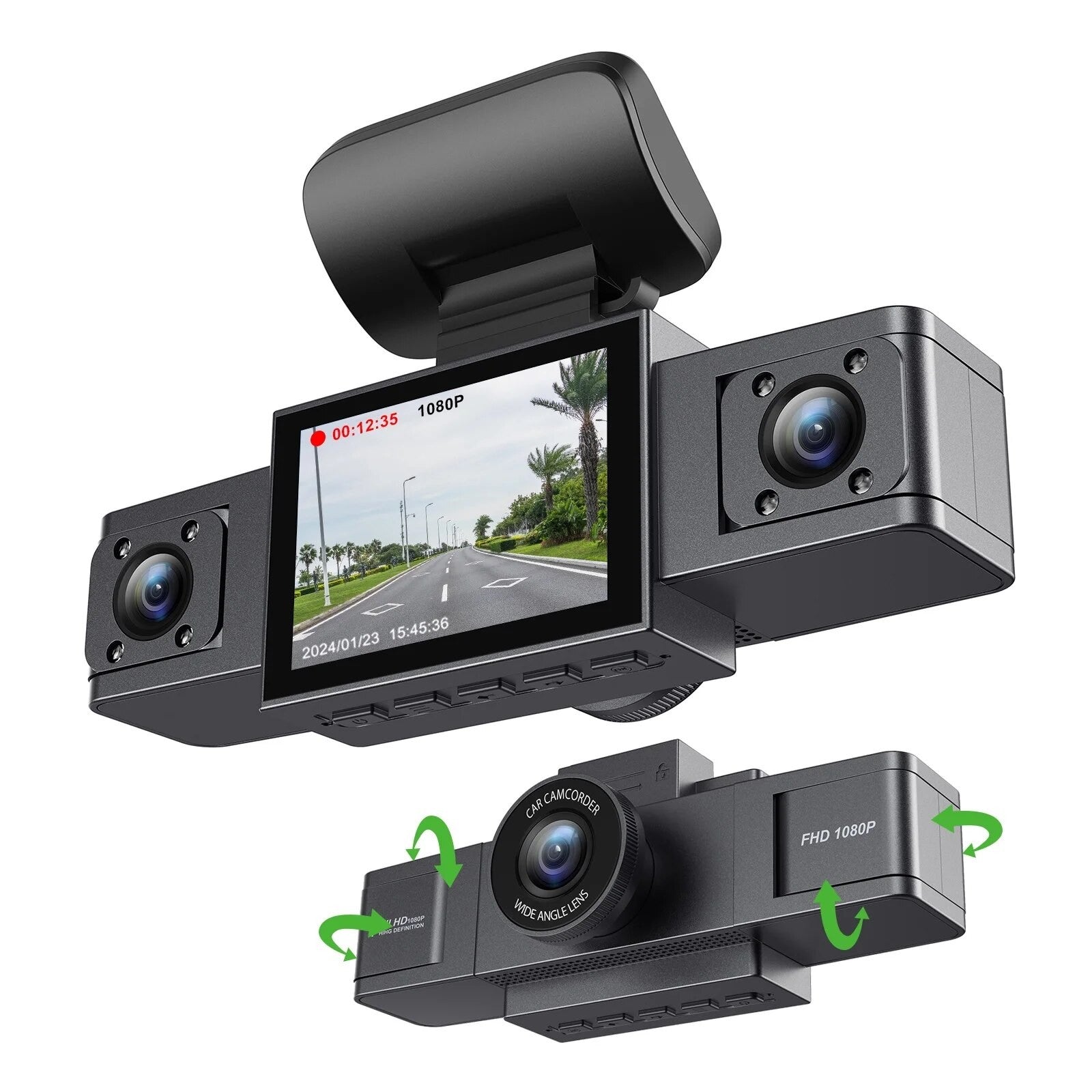 RoadVision 3X Cam – Dash Cam 3 Canais 1080P com Visão Noturna e Gravação Frontal + Interior | Gmaioxo