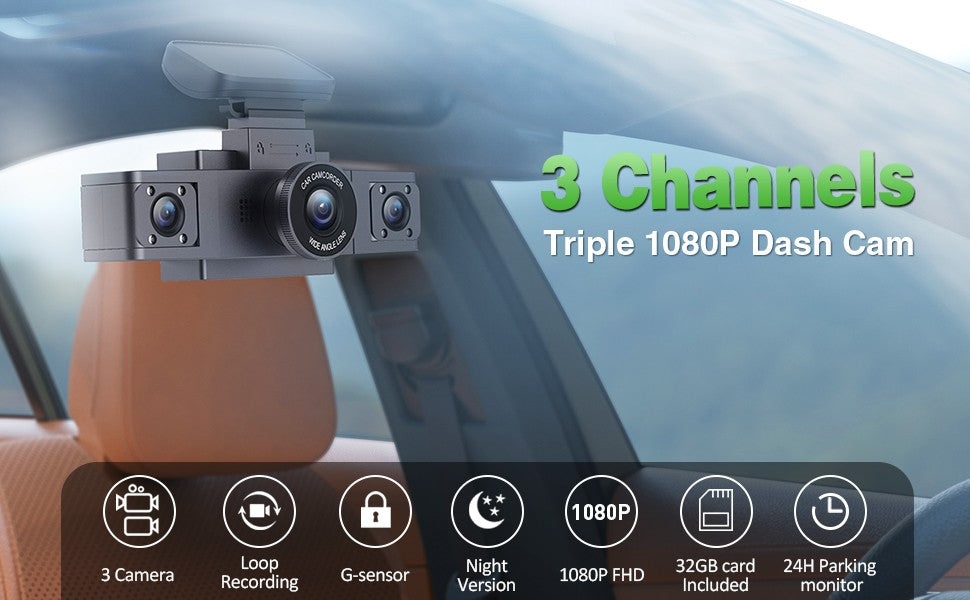 RoadVision 3X Cam – Dash Cam 3 Canais 1080P com Visão Noturna e Gravação Frontal + Interior | Gmaioxo