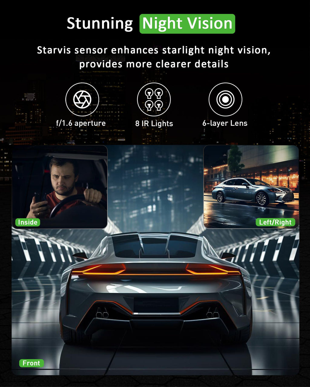 RoadVision 3X Cam – Dash Cam 3 Canais 1080P com Visão Noturna e Gravação Frontal + Interior | Gmaioxo